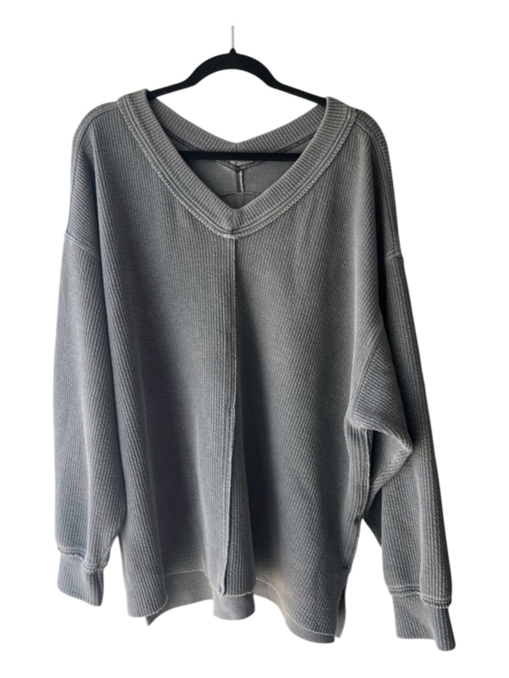 AERIE Grey Wonder Textured V-Neck Waffle Knit Pullover Sweatshirt Size L EUC